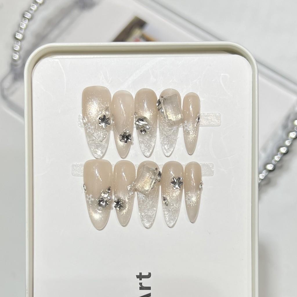 Handmade Fake Nail Nude Clear Through Cat Eye Snowflake Diamond Press On Nail