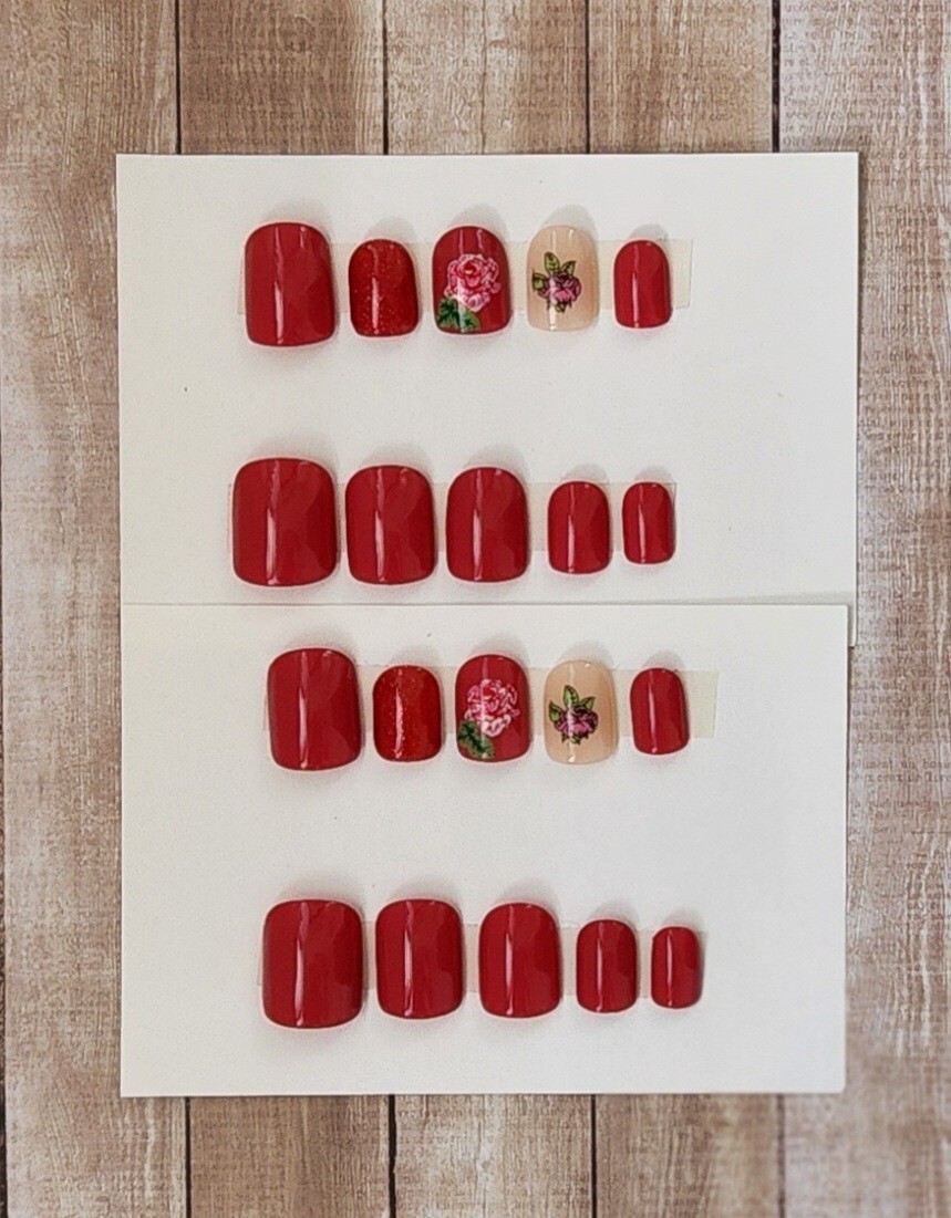 Custom Press On Handmade Gel Nails Red Roses Glitter Accent Square Short 20 Tips