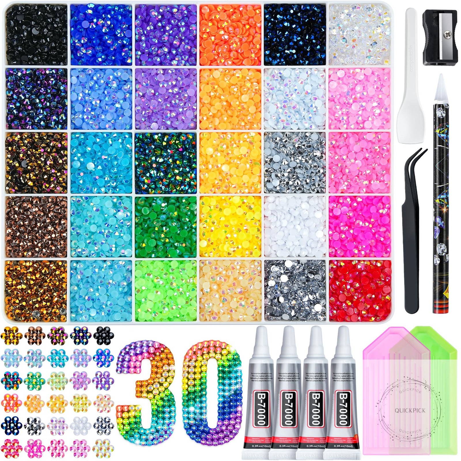 40000 Pcs Resin Jelly Rhinestones Kit, 30 Colors 3mm Flatback Rhinestones with 4