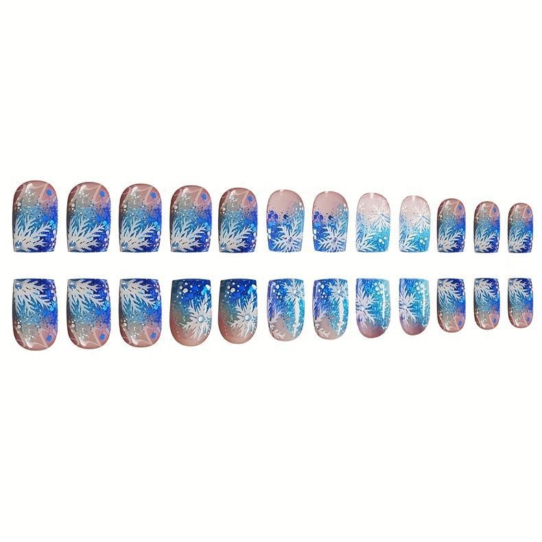 Christmas Blue Square Press On Nails Snowflake Rhinestone Glitter