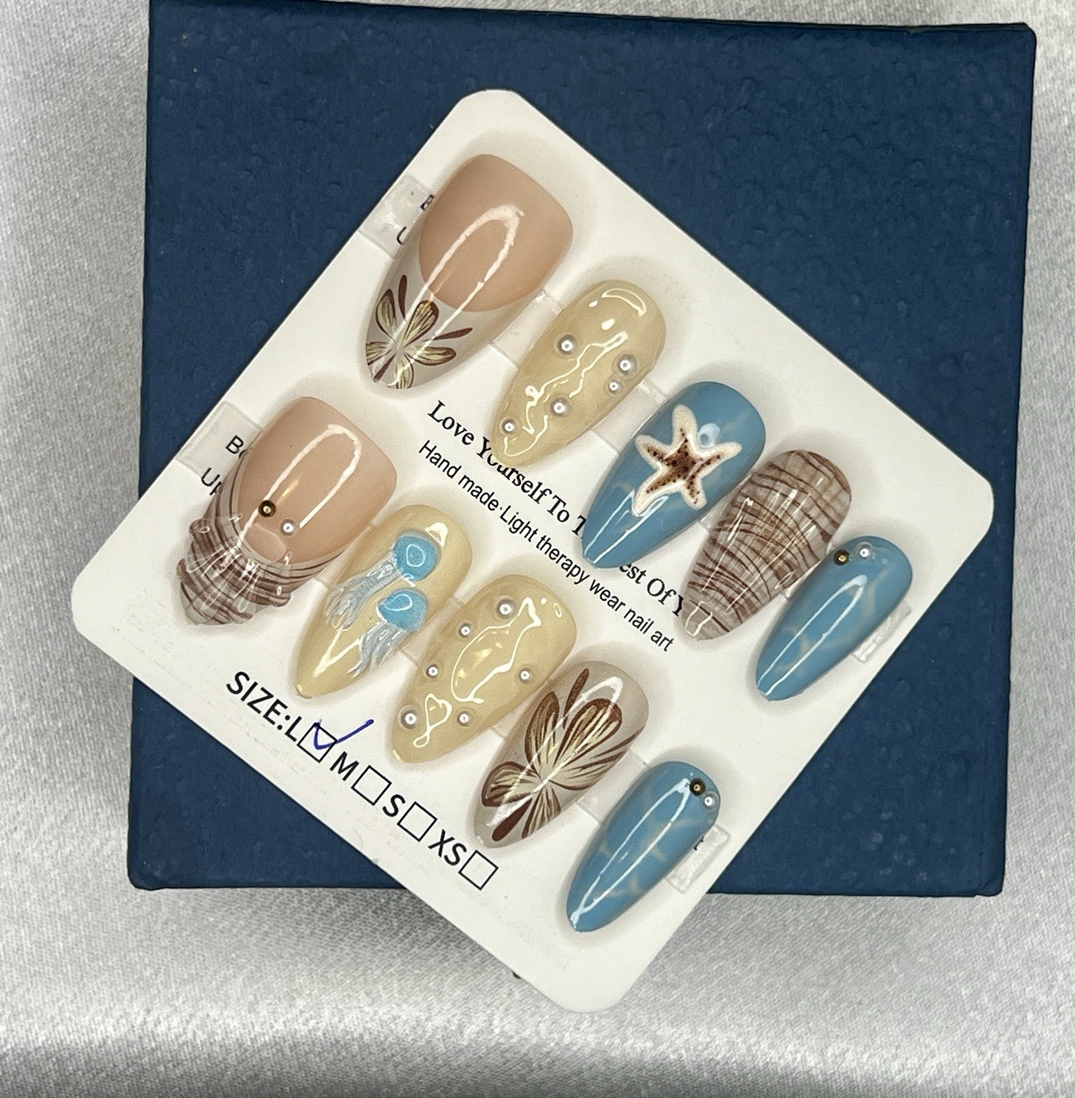 Ocean Theme Almond Press-On Nails, 3D Full Cover, Beige Blue, size L