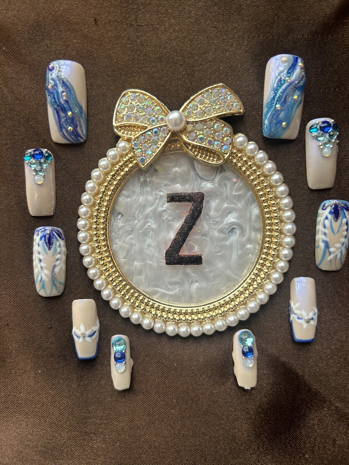 Z NAILZ! Handmade L Square Nude W/shades Of Blue Freestyle Design Press On Nails