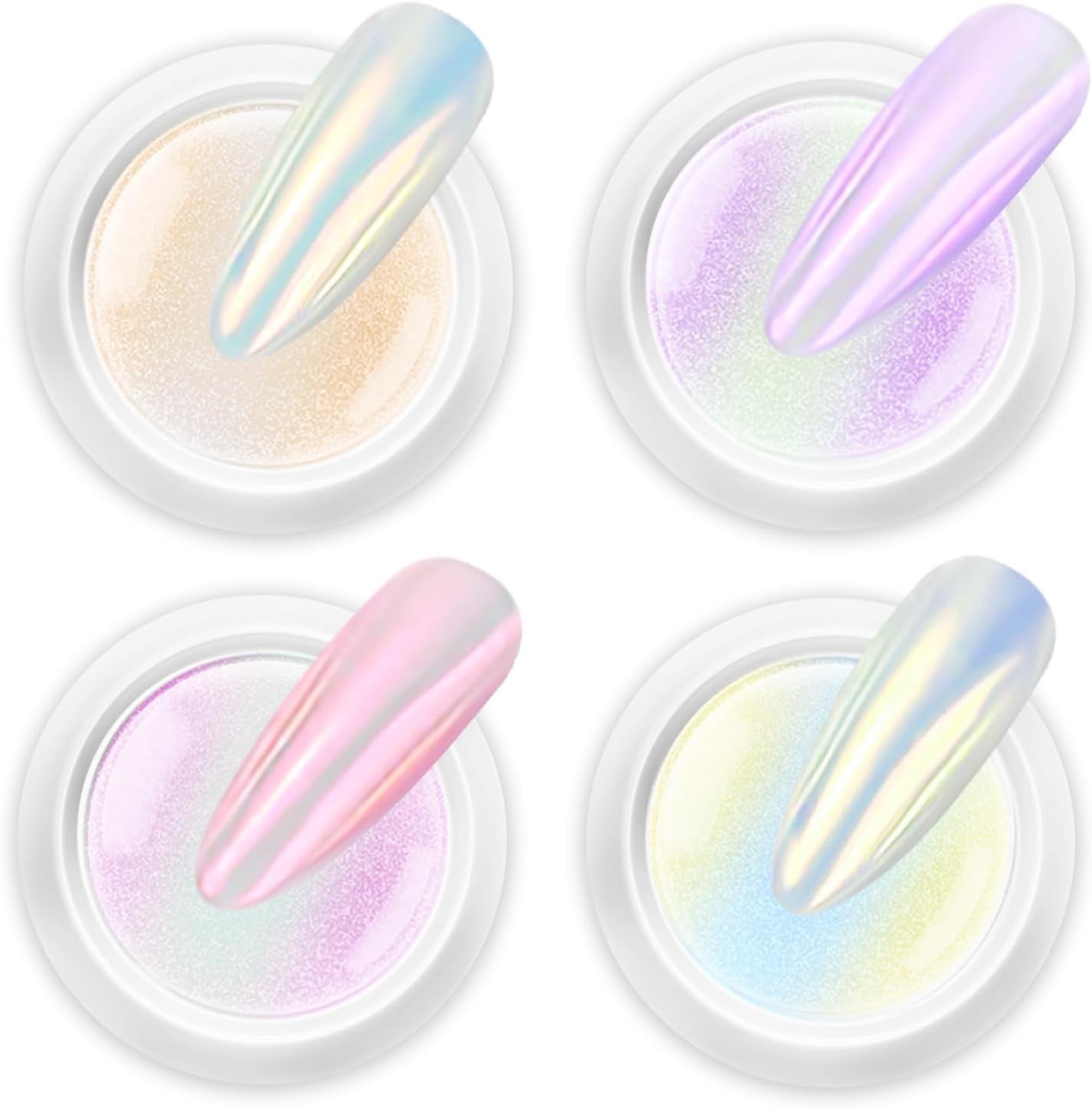 4-Piece Holographic Nail Powder Set with Pearlescent Shine for Glossy Nails