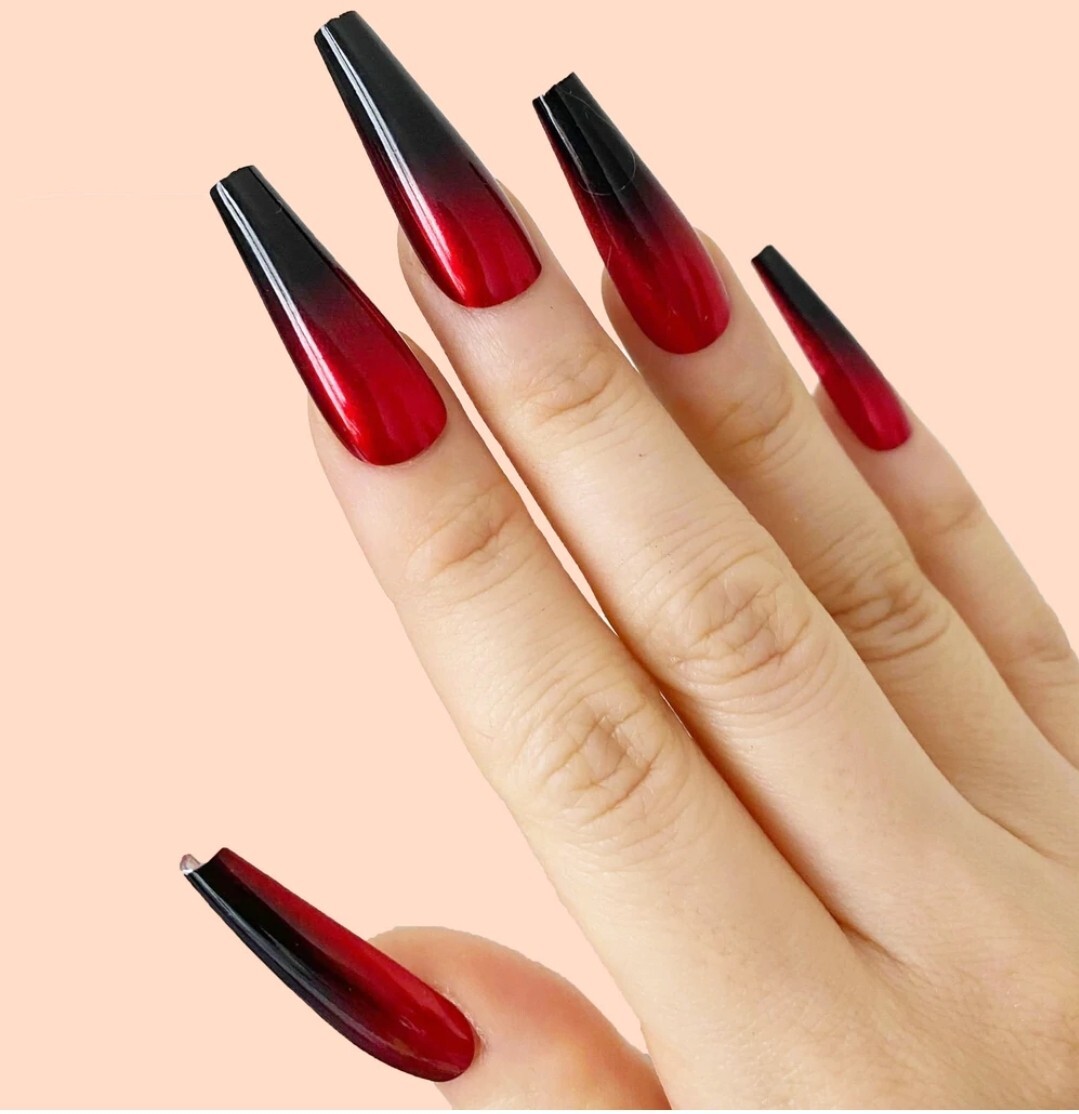 24 Red black ombre press on nails kit glue goth edgy vamp metallic shiny