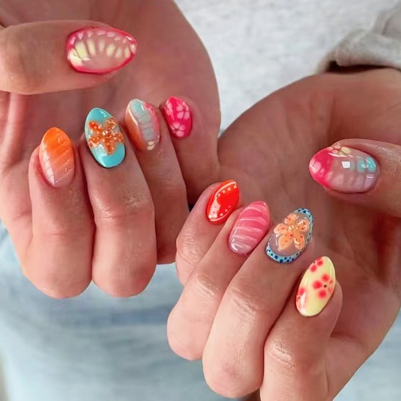 48 Pcs Fruit Floral Oval Press on Nails, Lovely Casual Summer Daily Fake Nails