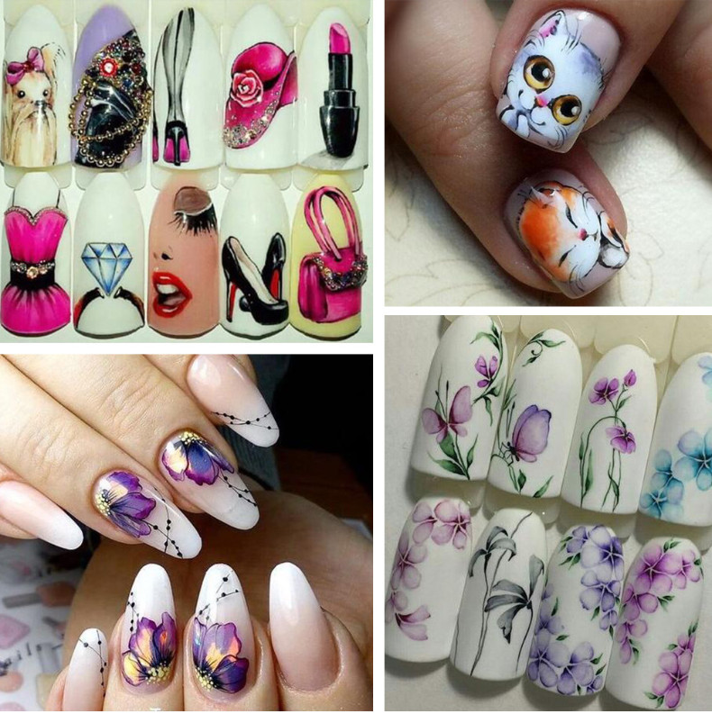 13Pcs Nail Art Water Transfer Lip Cat Butterfly Flora Sticker Tattoo Decals NS48
