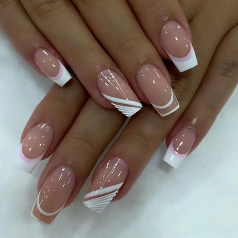 48Pcs-Minimalist White Line Press on Nails Glossy Long Square Nail Art Set