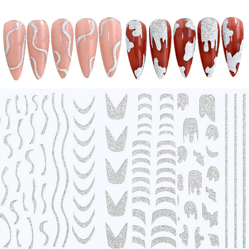 3D French Line Shiny Silver Nail Tip Decals Glitter Diamond Manicure Beauty NS13