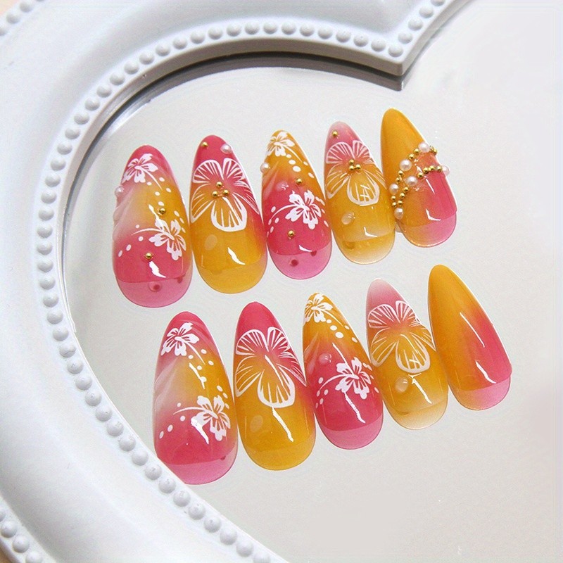 48Pcs-Pink Orange Ombre 3D Flower Almond Press on Nails Gold Beads Fake Tips