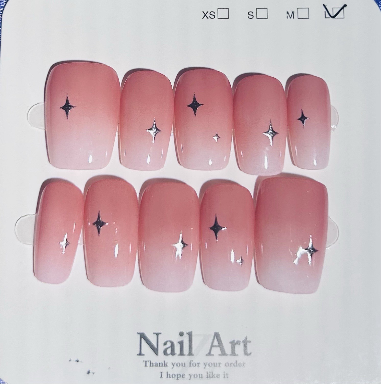 Shiny Pink Star Press-On Nails Square Long Full Cover Pre-Designed