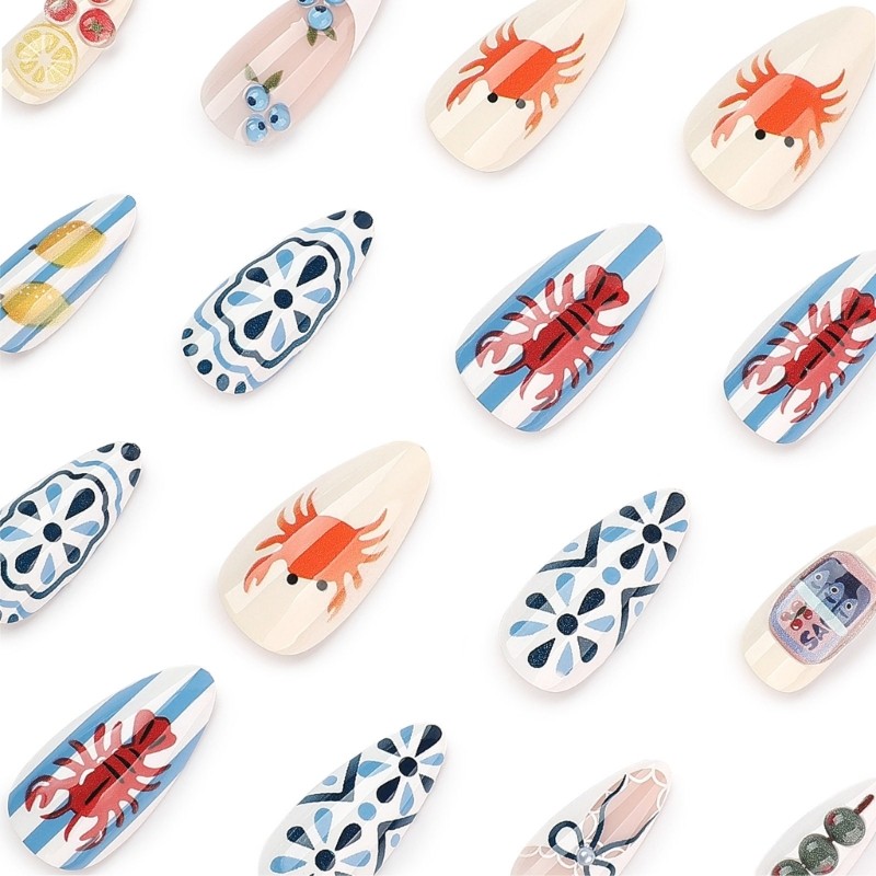 Press On Nail with Blue White Art Design False Nail for Travel Casual Outings