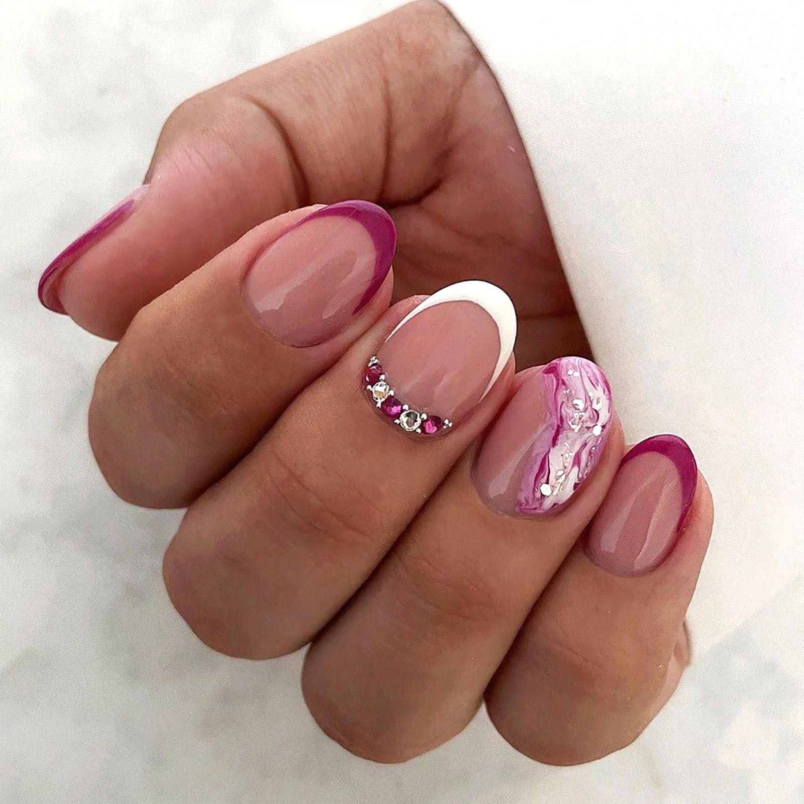 Extra Short Press on Nails Oval Acrylic Fake Nails Press ons with Rhinestones…