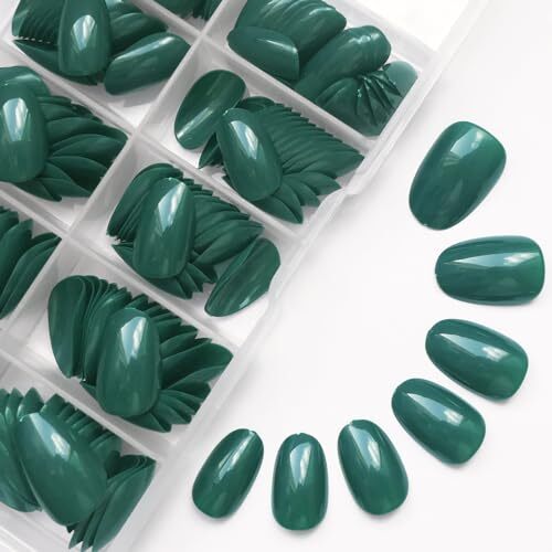 Short Press on Nails Almond Fake Nails, 240 Round Almond Press on Emerald Green