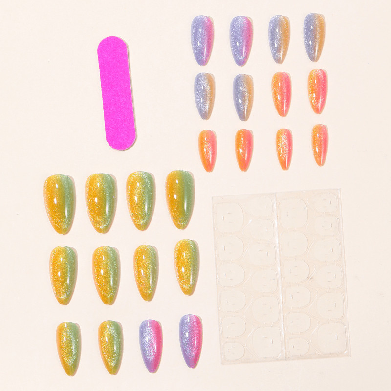 48 Pcs Rainbow Aurora Press on Nails, Medium Almond Glitter Cat Eye Fake Nails