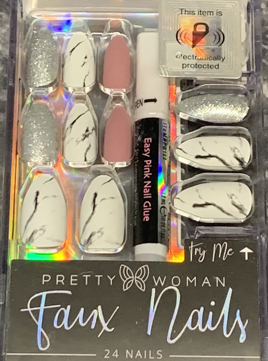 Pretty Woman Faux Nails Glue Included Black/White Marble Silver Rose Pink