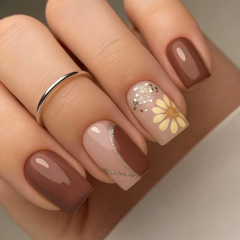 Press On Nail Coffee Color Botanicals Art Office To Evening Wears
