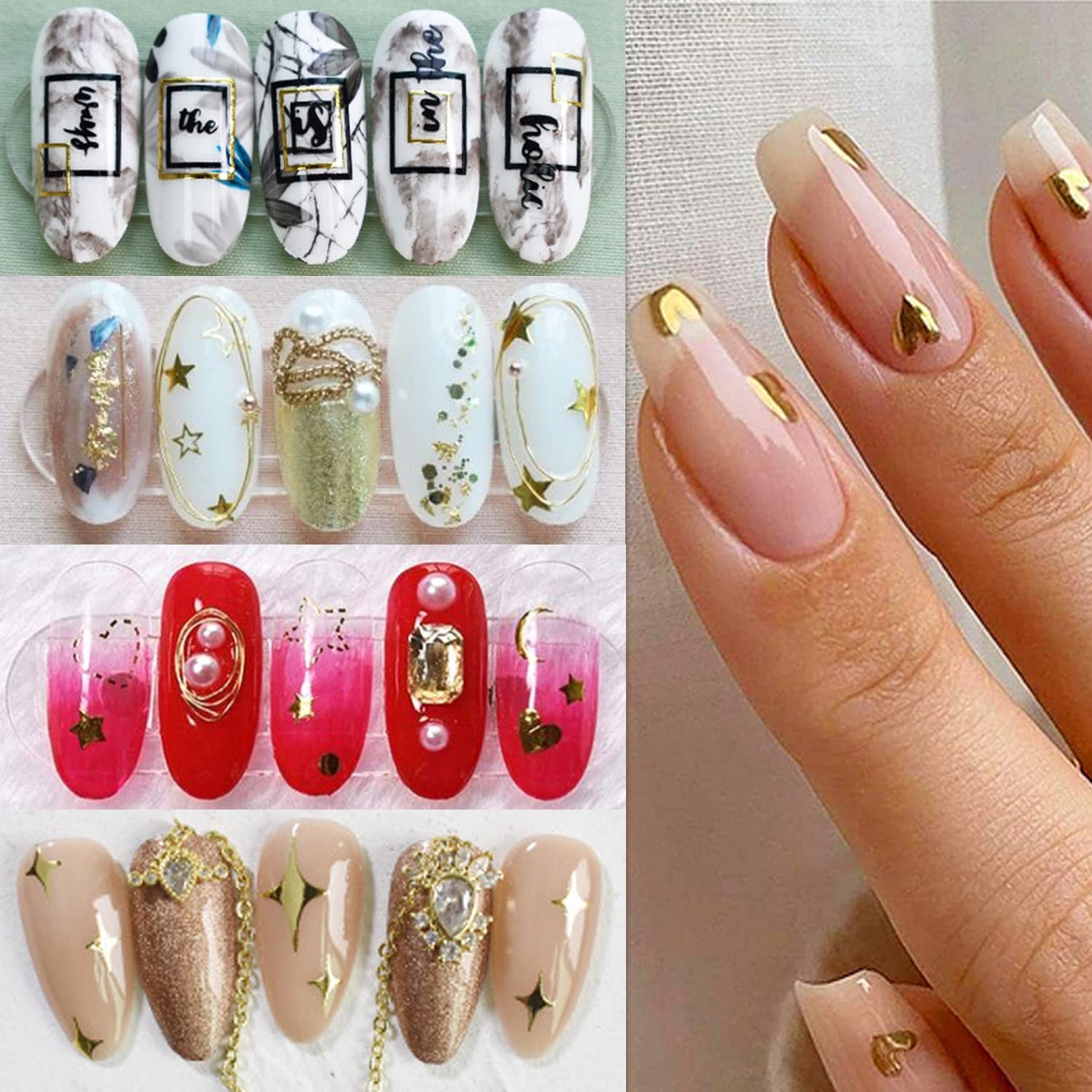 Gold Nail Stickers, -Adhesive 3D Designs – Love Heart, Stars, Circle, Triangl…