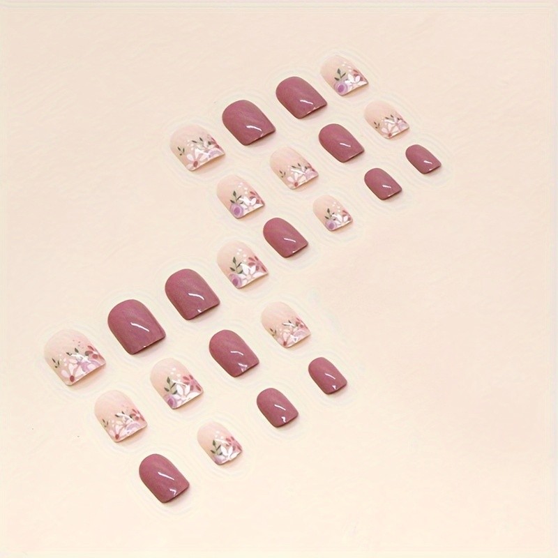 48Pcs-Short Square Dusty Pink White Floral Minimalist Daily Press on Nails