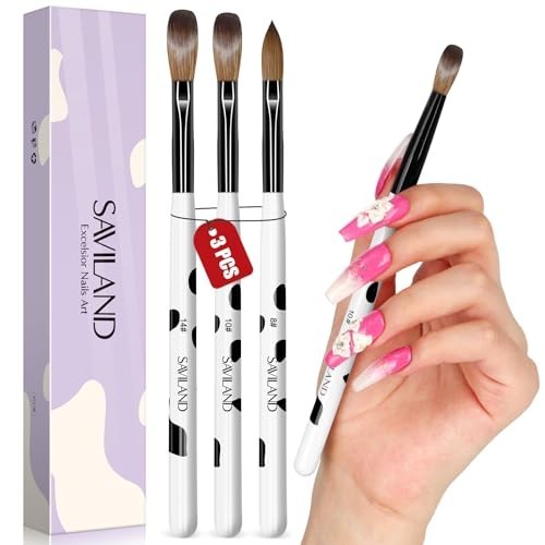 3Pcs Acrylic Nail Brush Set, Size 8/10/14 Kolinsky Acrylic Nail Brushes for Acry