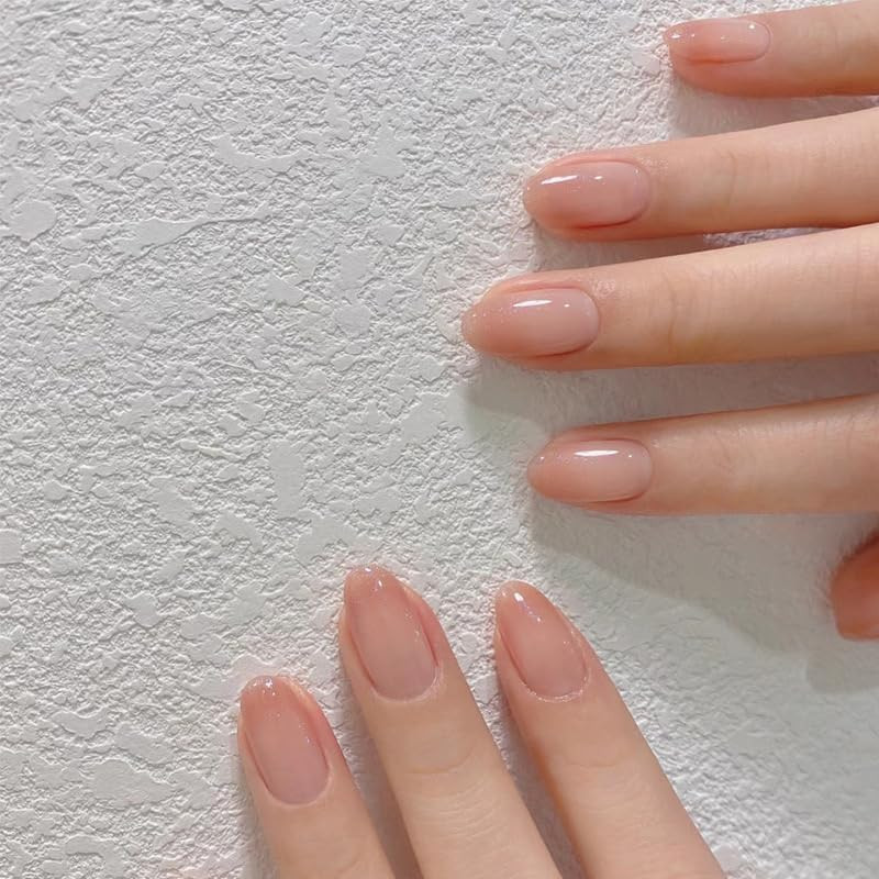 Nude Press on Nails Short Almond Fake Nails Glossy Ombre Press Ons with Designs