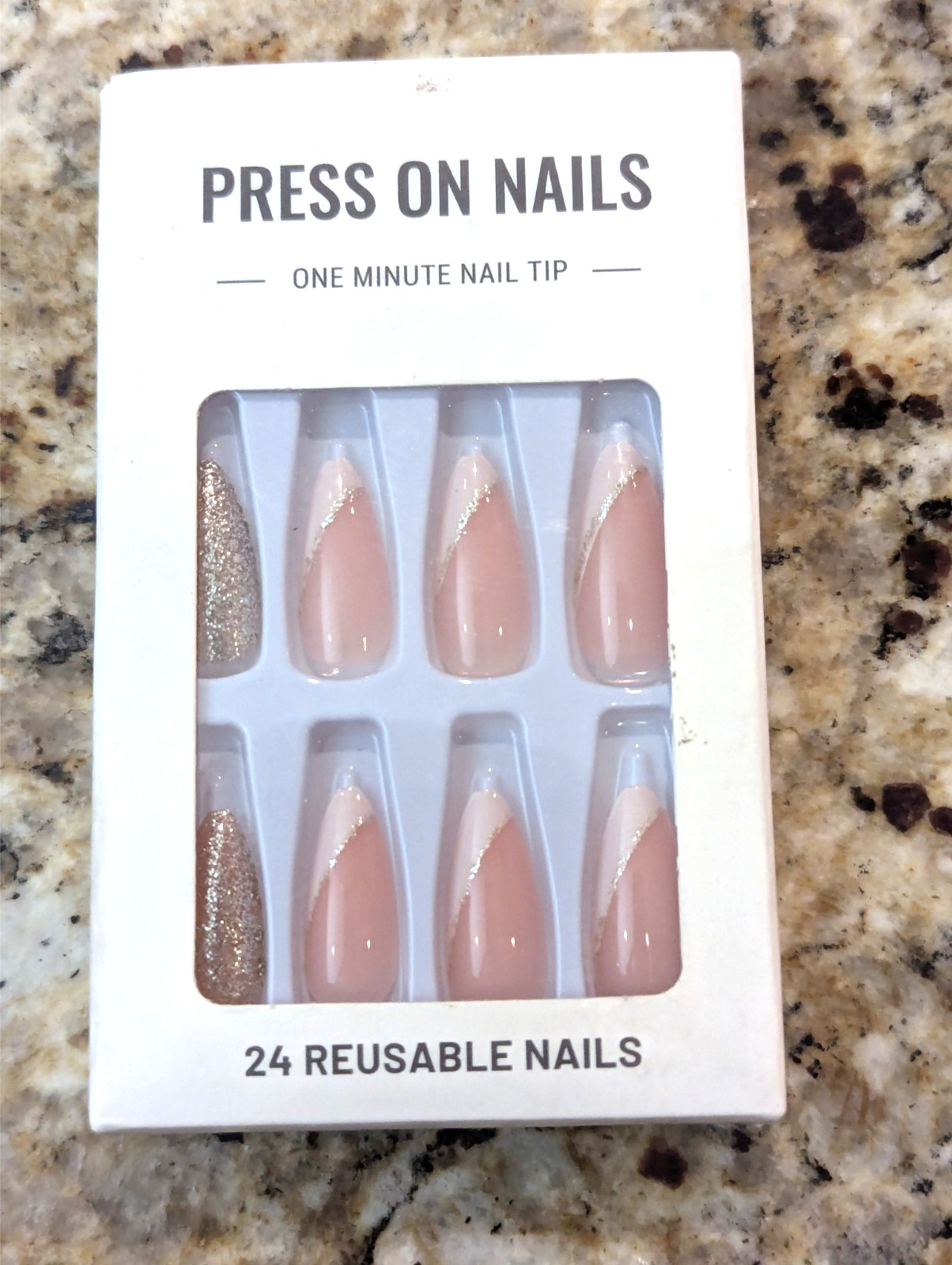 Press On Nails One Minute Nail Tip Long Pink White Tip Gold Glitter 24ct