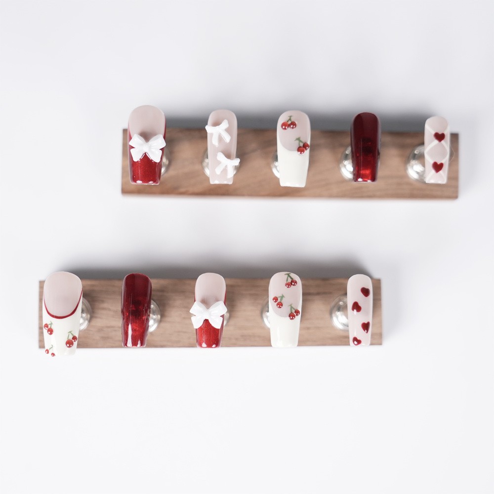 Handmade Red Cherry Press on Nails Bow Heart Vivid Glossy Fashion Fake Nails