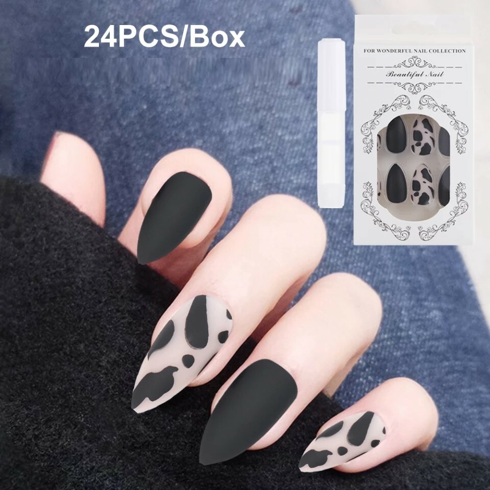 Cow Print Nails Matte Black Stiletto Long Frosted Glass effect press on nails