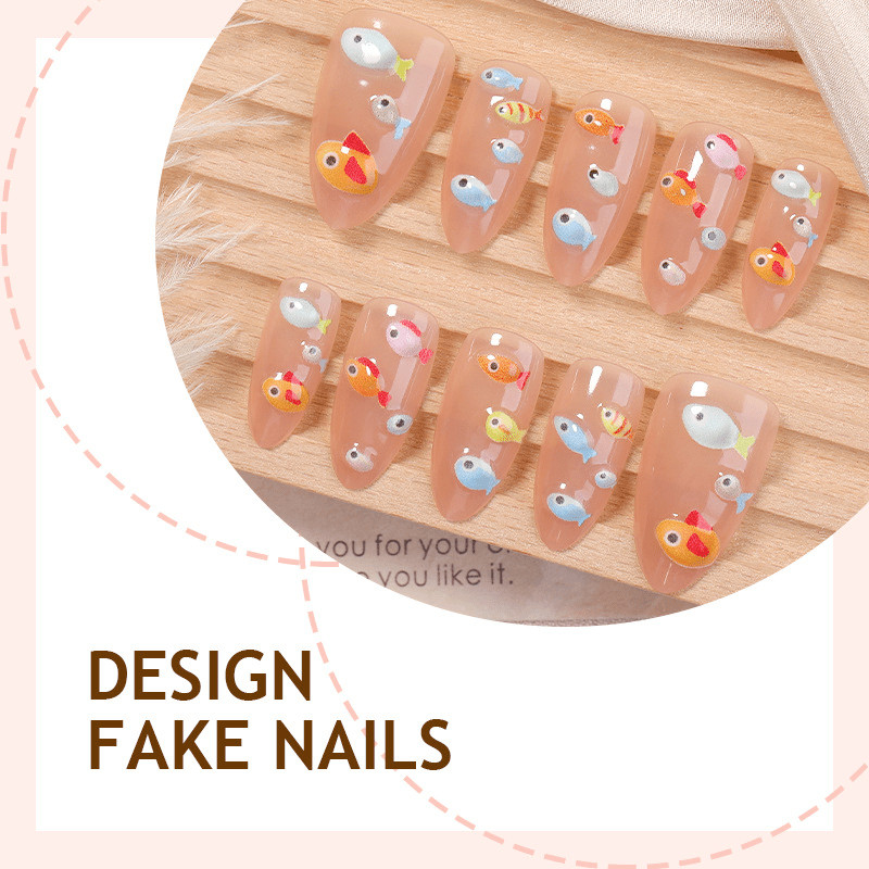 30Pcs-Medium Almond Nude Cute Summer 3D Goldfish Mini Rhinestone Press on Nails