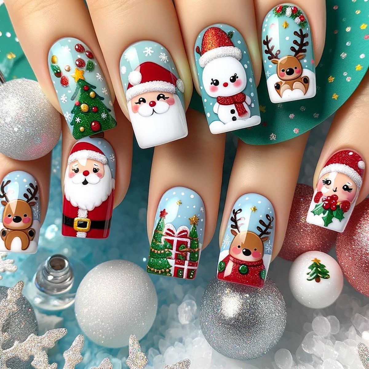 216pcs Christmas Press on Nails Santa Snowman Reindeer Festive False Nails 9Pack