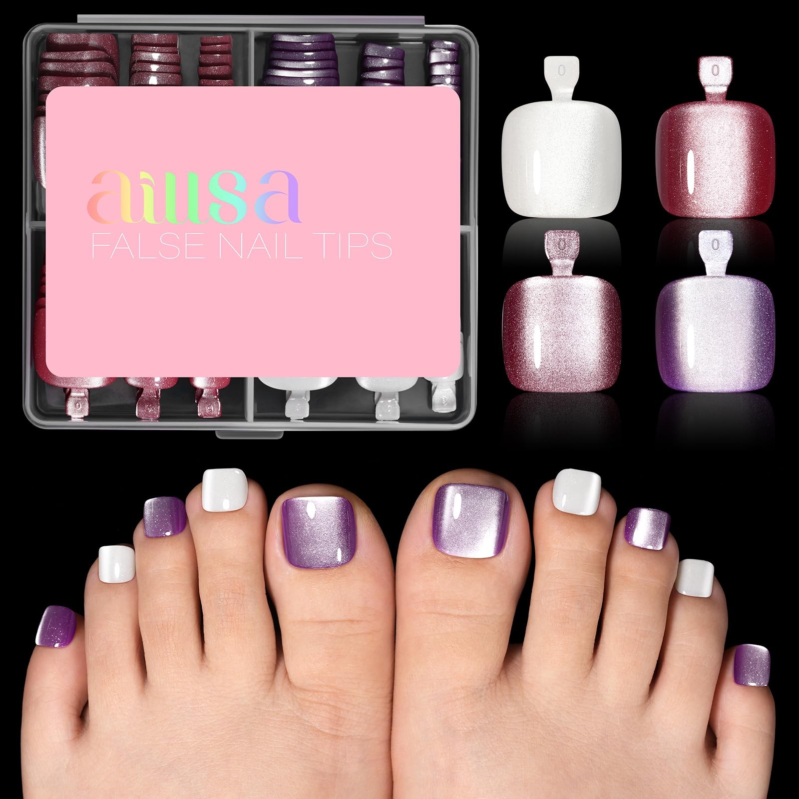 Cat Eye Press On Toenails for Women & Girls, 120Pcs 15 Sizes 4 Colors Short S…