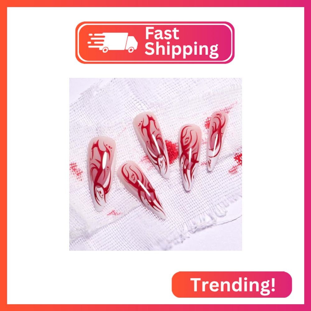 Horror Gothic Press on Nails Long Pointed Halloween Fake Nails French Tip False