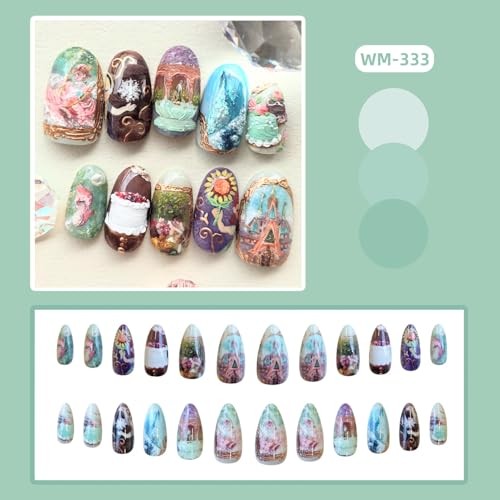 24 Pcs Almond Press on Nails Short Oval Nails Press Ons Retro Almond Styl 38