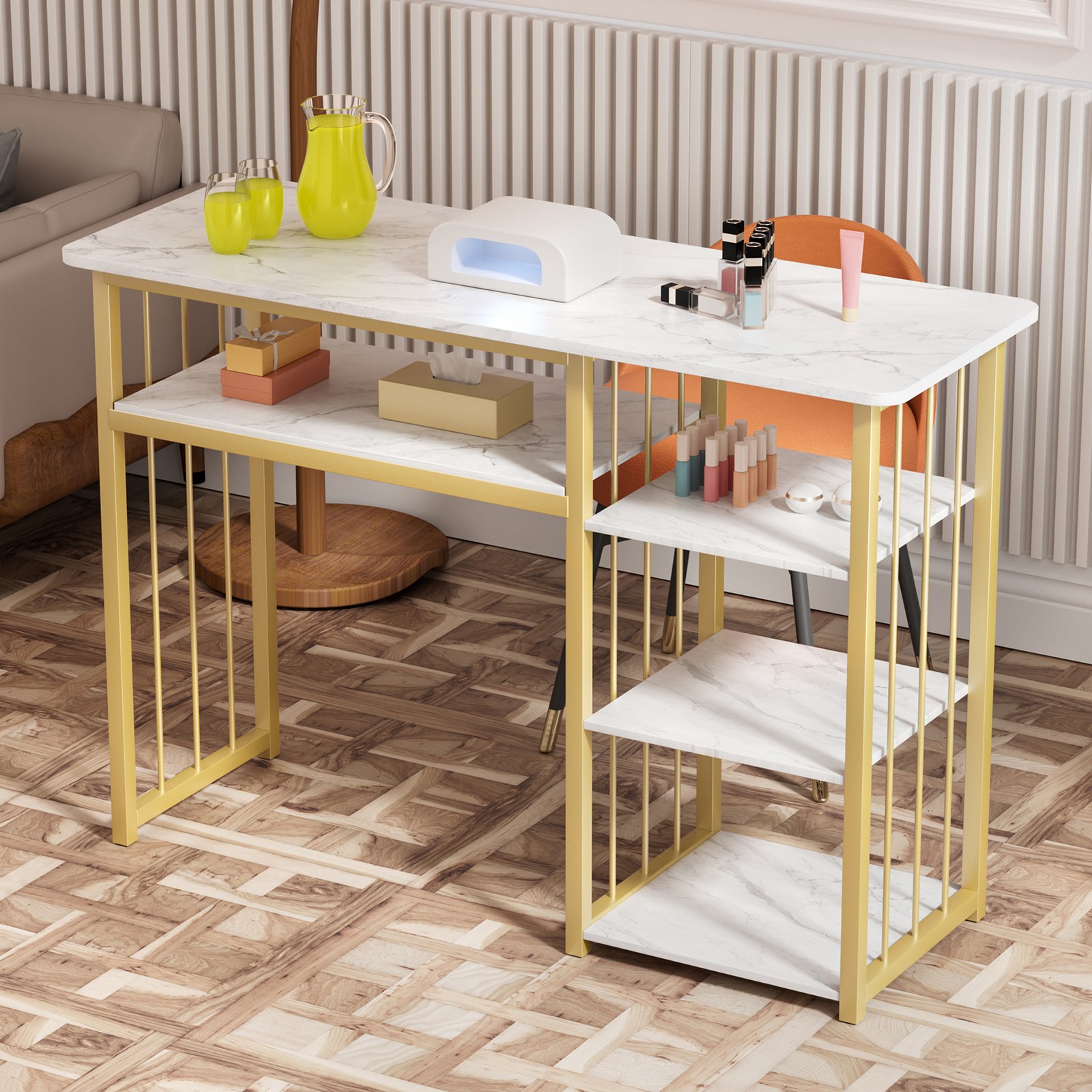 New Manicure Nail Table Beauty Salon & 3-Tier Side Shelves Station Desk White