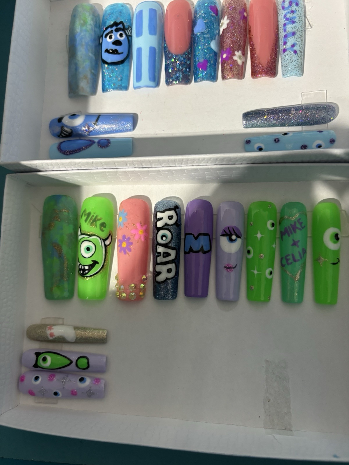 Monsters Inc Nails Press On Nails With Pink, Blue , Green & Purple Handmade
