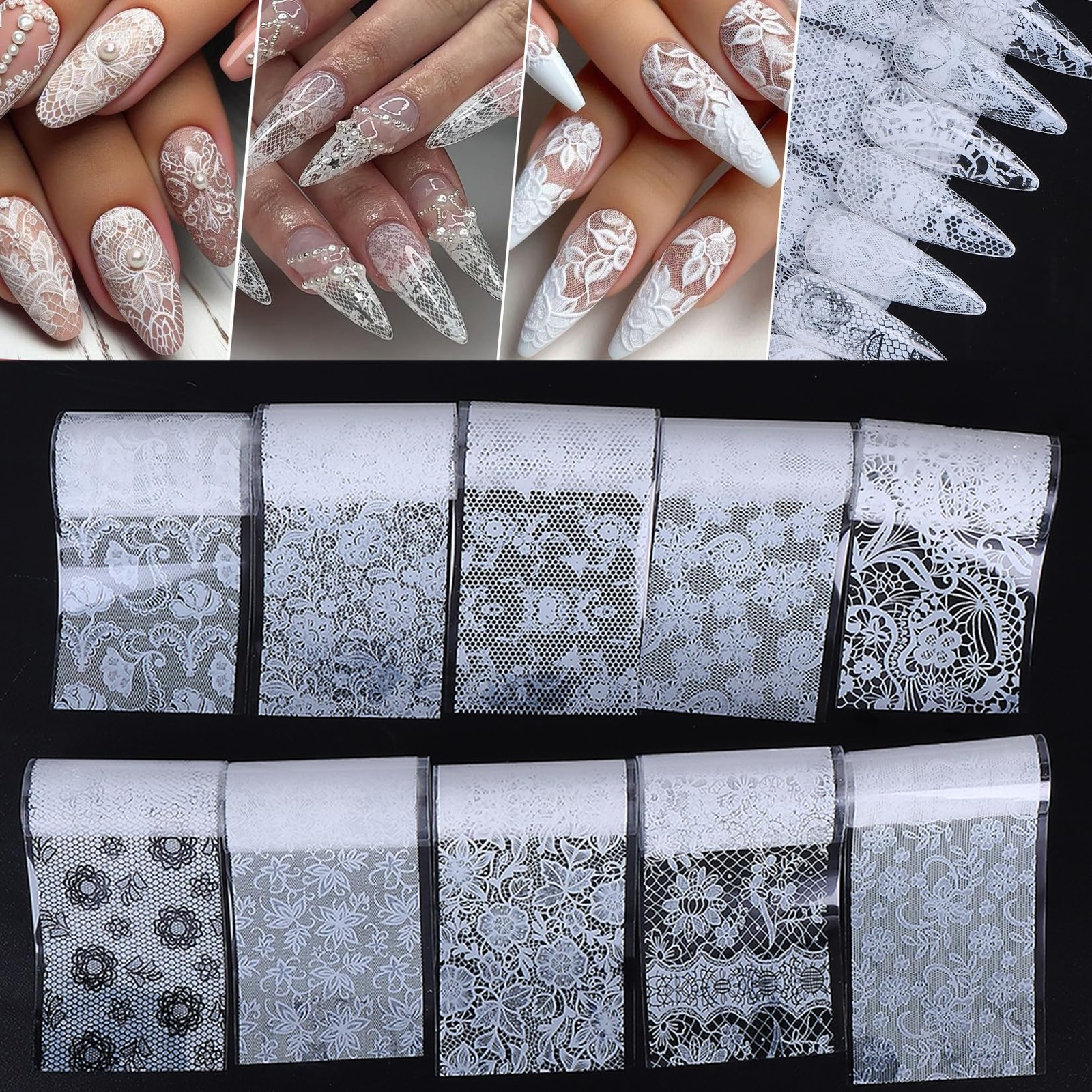 Lace Nail Transfer Foil Stickers 50PCS Black White Flower Lace Nail Foils Line