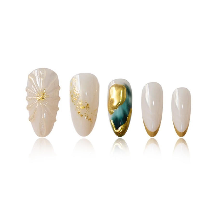 48pcs-Ocean-inspired Fake Nails with Teal Gradient, Gold Trim and Shell Details