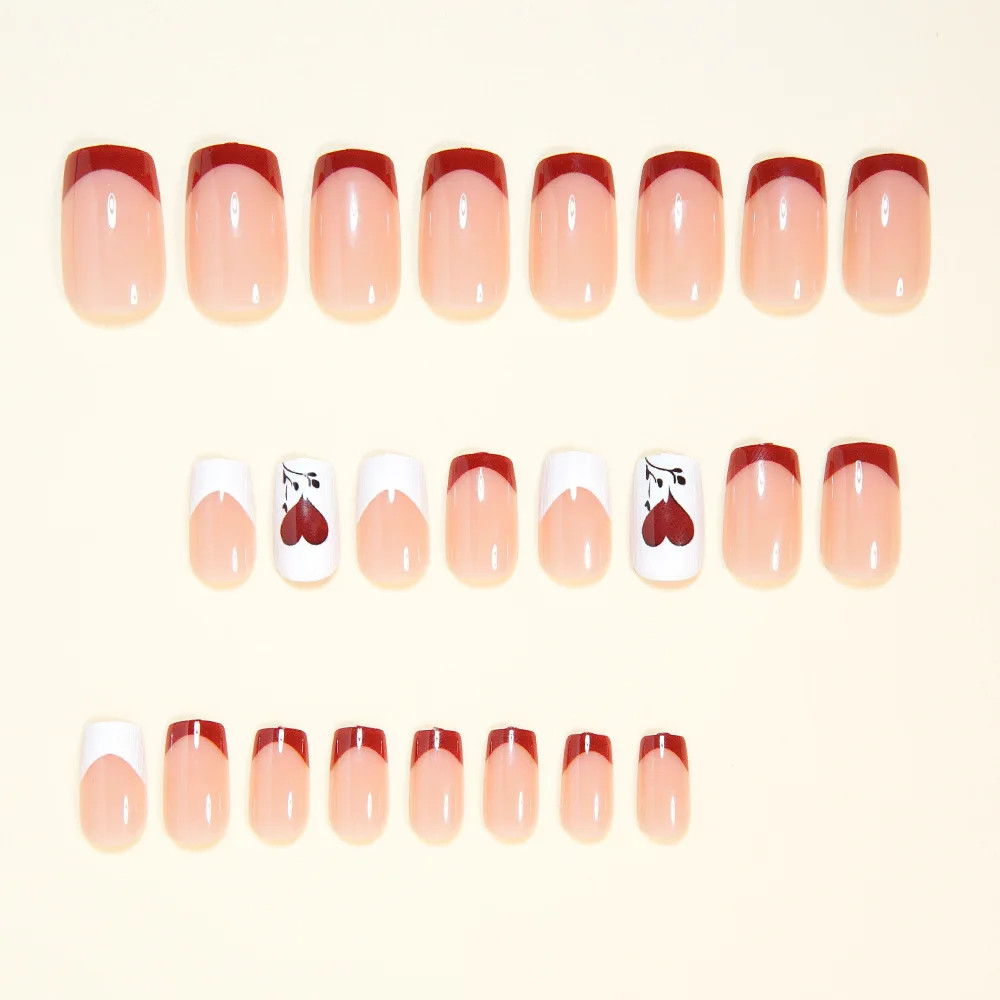 24pcs Valentine’s Day Press On Nails Gradient Red Black Cute Heart Rose French