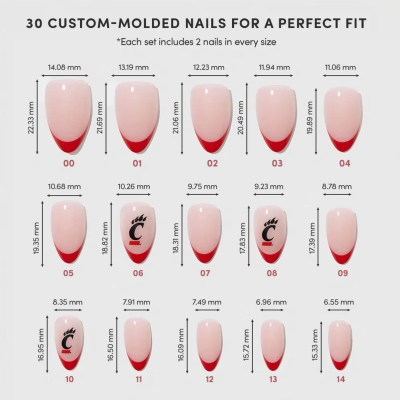 Cincinnati Bearcats Press-On Nails: Almond Shape, Gloss Finish, 30 Pieces