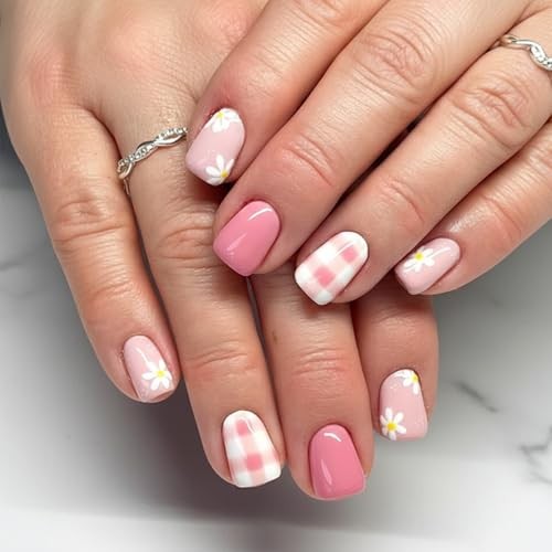 Flower Press on Nails – Spring Short Square Fake Nails with Daisy Gingham Pink