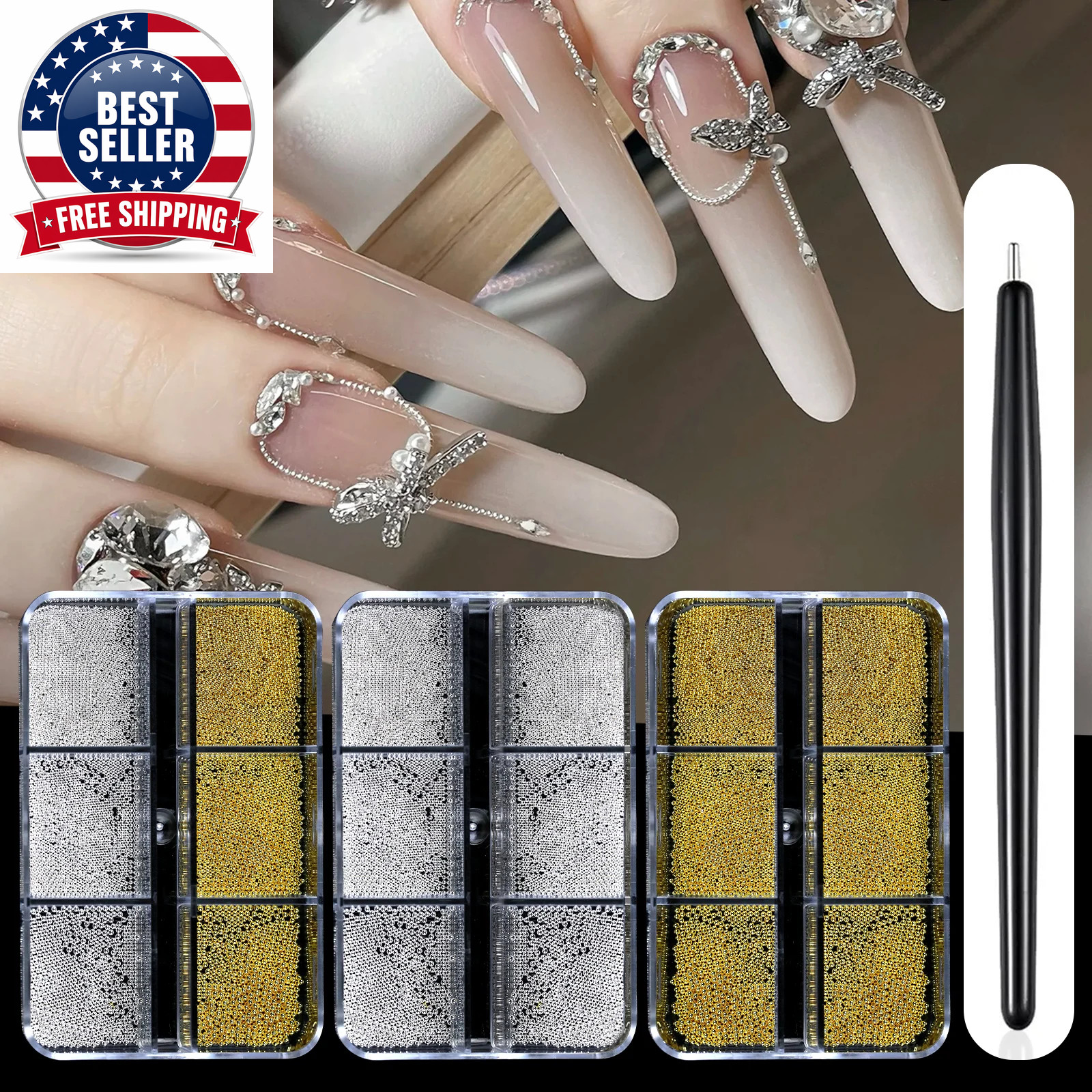 6 Grids Mini Caviar Beads Nail Art Decorations Metal Gold/Silver Micro Ball Nail