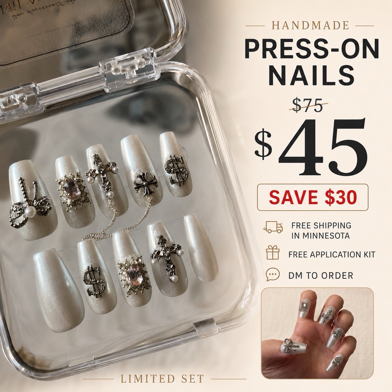 Press-On Nails Long Coffin White & Silver Shiny Rhinestone Full Cover Set