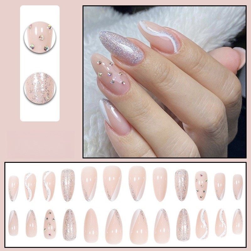 48pcs-Glossy Nude Almond Nail with Silver Glitter Tips, White Swirl and Crystals
