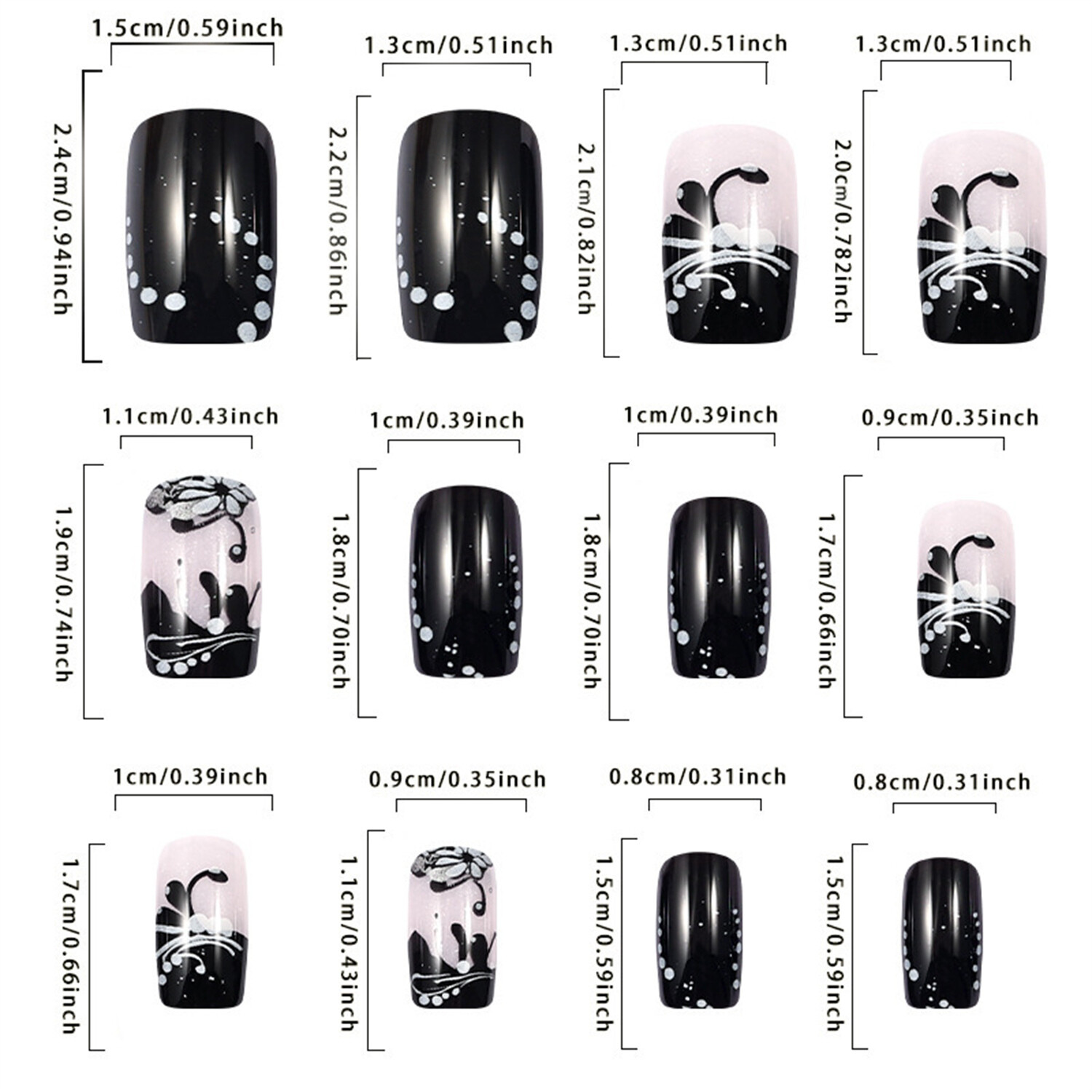 Short Square Press-On False Nail Glossy Black Flowers French Manicure 24pcs