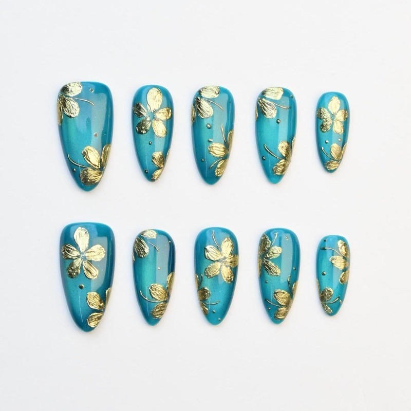 Custom Pure Handmade Nails Lake Blue Cat Eye Gold Flower Chinese Manicure