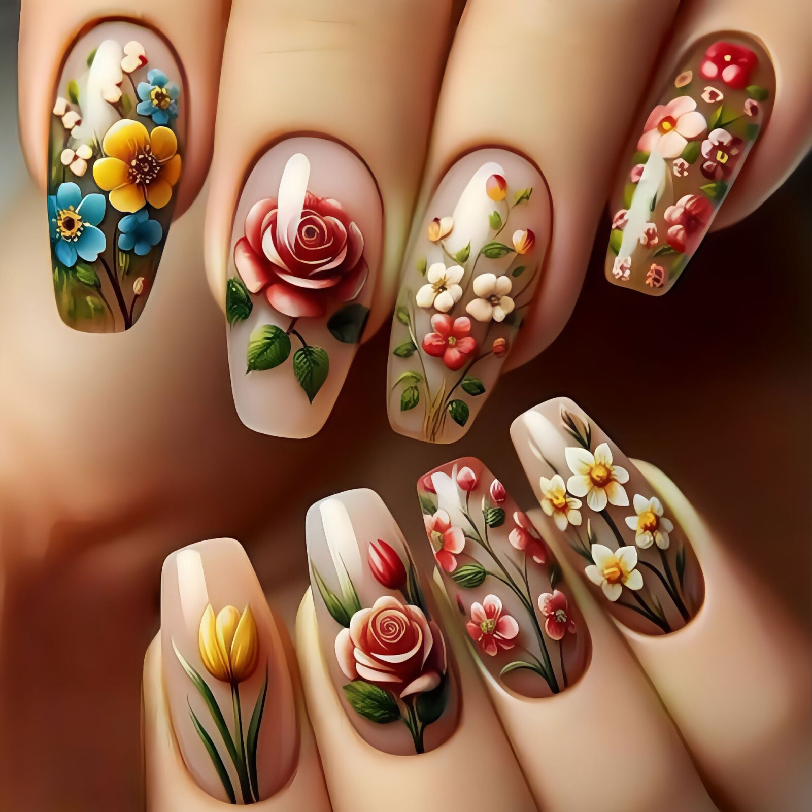 4 set （24Pcs/set ）Flowers False Nail Art Full Cover Artificial Fake Nails