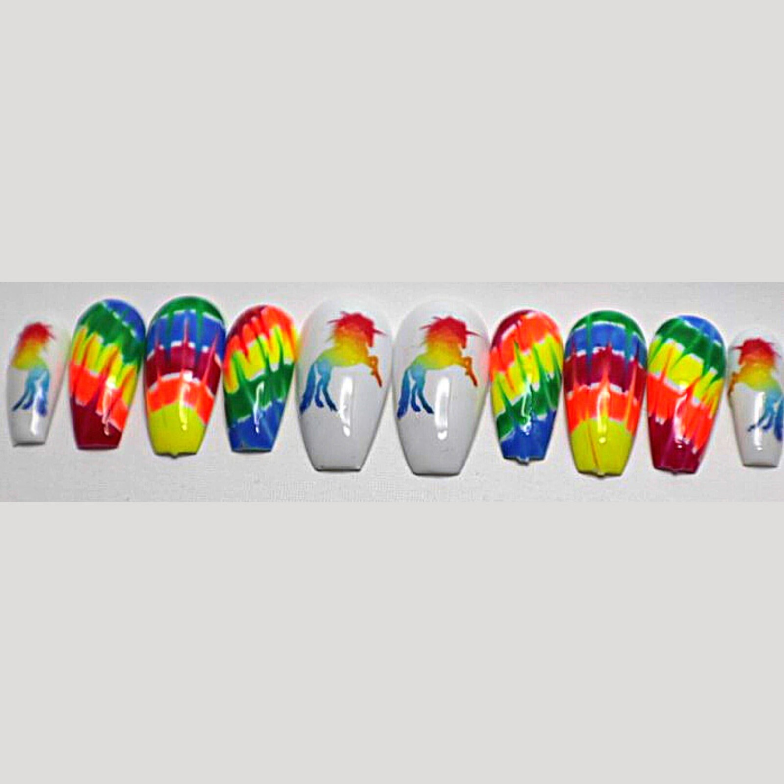 Psychedelic Tie-Dye Unicorns Press-On Nail Set – Long Ballerina (Size Medium)