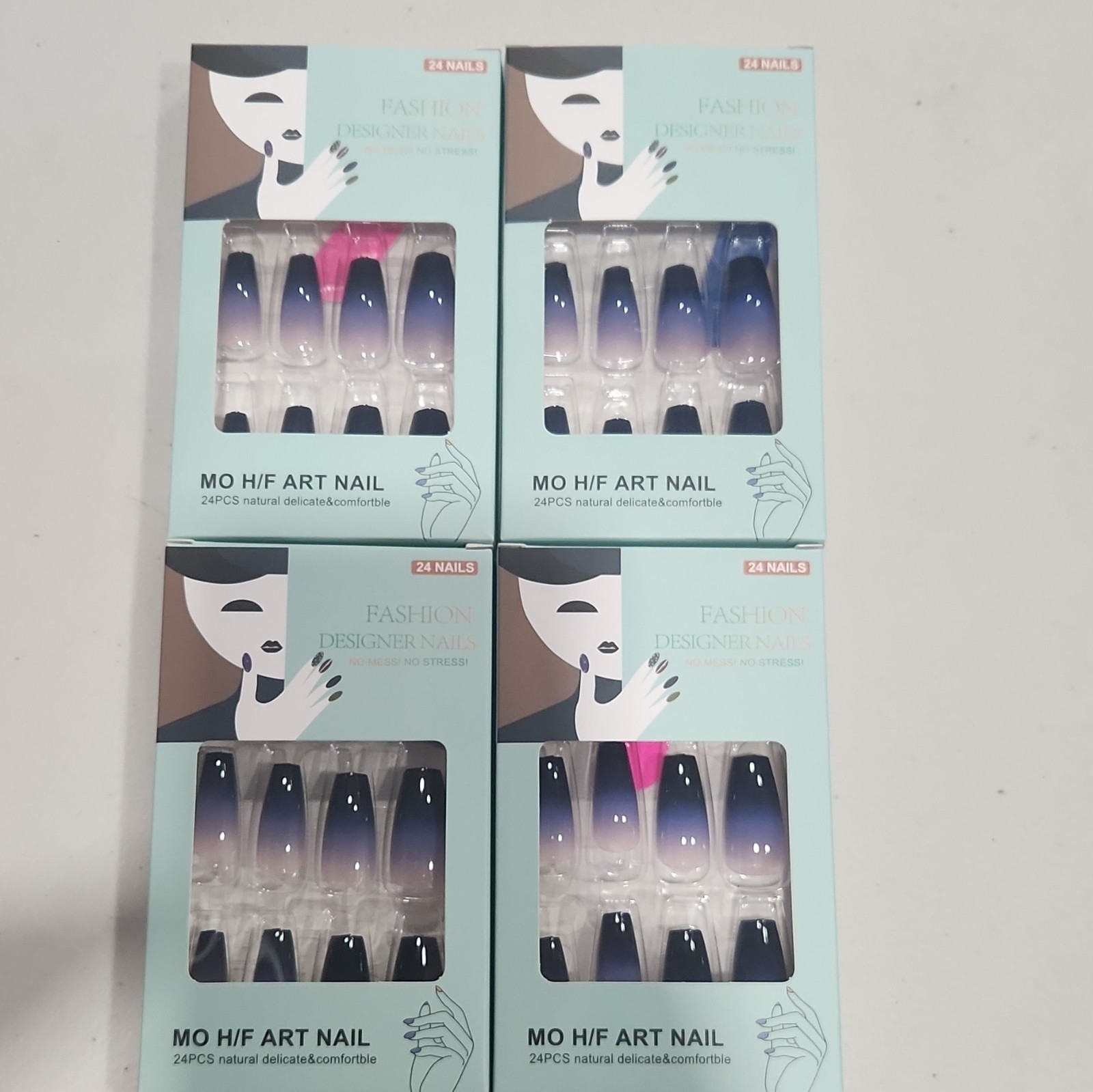 4 pack Pre-Designed Blue/Purple Ombre Full Cover Press-On Nails for Finger