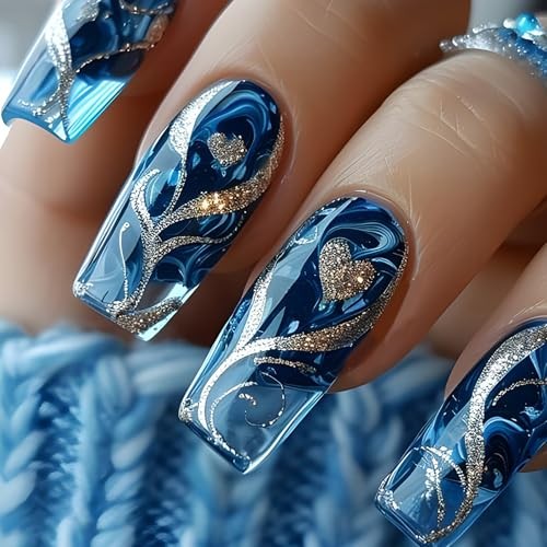 Blue Press on Nails Gradient Fake Nails Silvery Glossy Shiny Stripe Stick CEL10