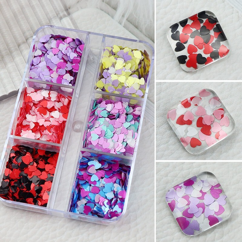 6 Grids Multi-Color LOVE Heart Nail Art Laser Sequins Glitter Flakes DIY Decor