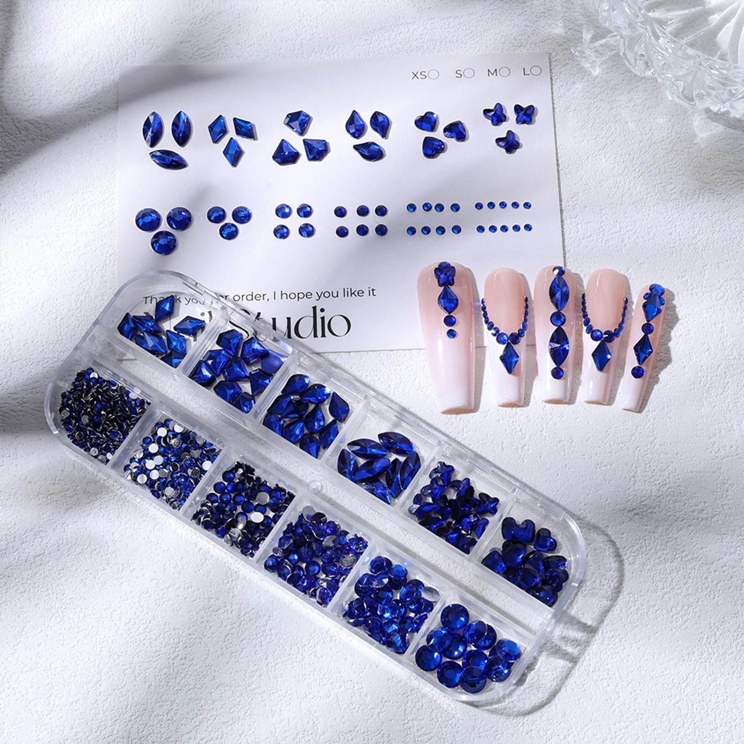 Blue Nail Art Rhinestones: 12 Grids, Multi-Shape, Flatback Gems for Acrylic